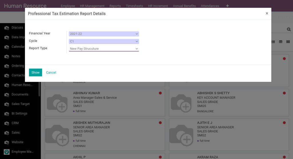 Odoo ERP Payroll payroll management report professional tax estimation report 1