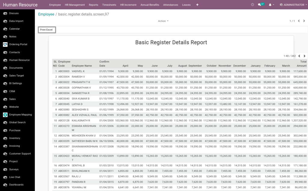 Odoo ERP Payroll report management report Basic Register Details Report 2