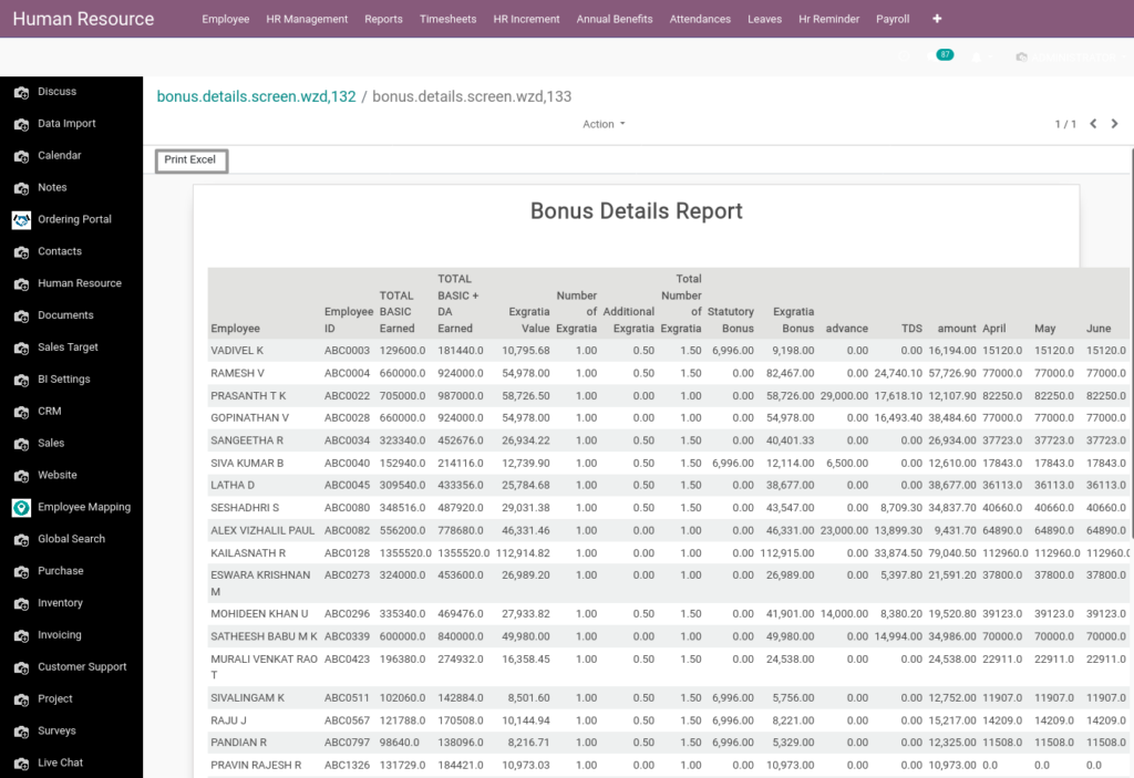 Odoo ERP Payroll report management report Bounus details report 1 1
