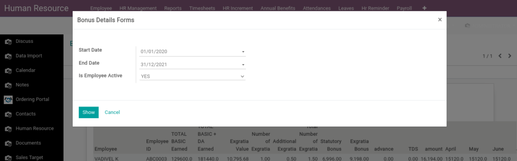 Odoo ERP Payroll report management report Bounus details report 1