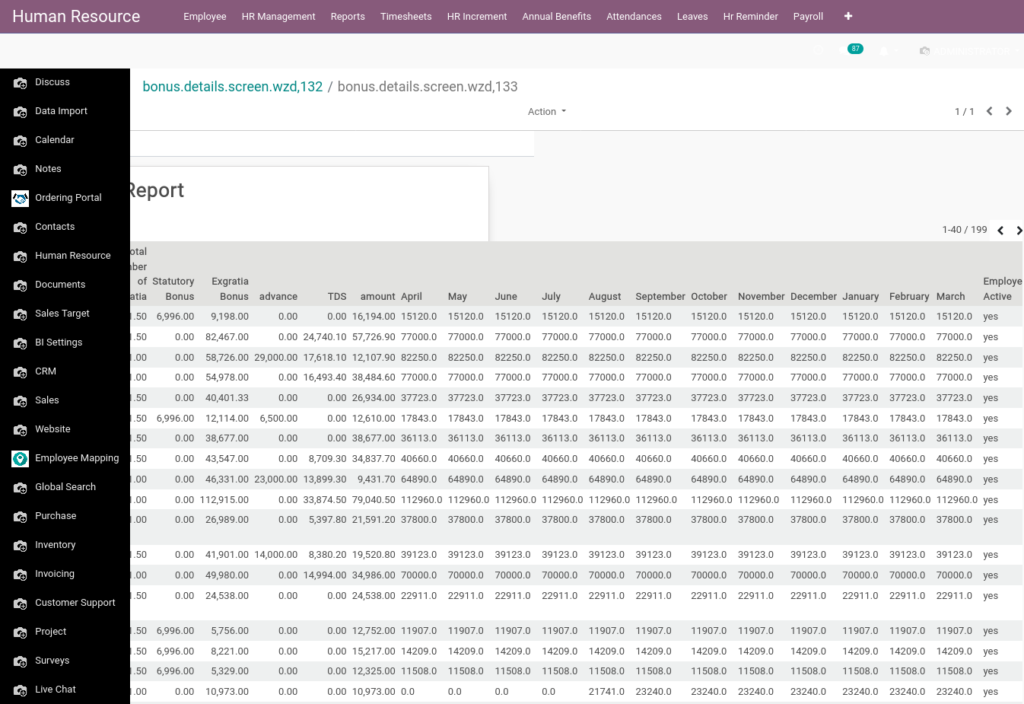 Odoo ERP Payroll report management report Bounus details report 2