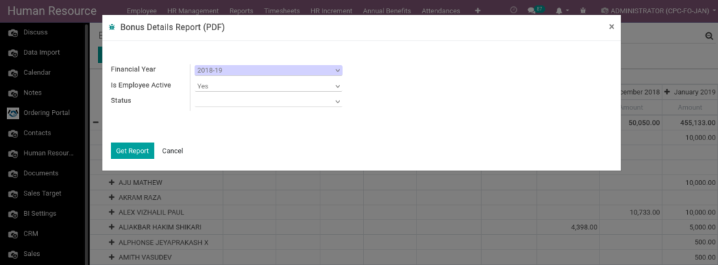 Odoo ERP Payroll report management report Bounus details report pdf 1