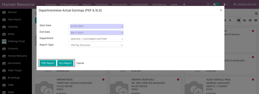 Odoo ERP Payroll report management report Departmentwise Actual Earnings PDF XLS 1