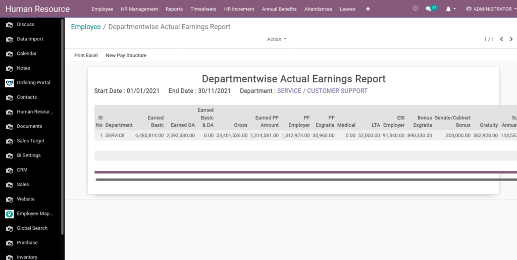 Odoo ERP Payroll report management report Departmentwise Actual Earnings PDF XLS 3
