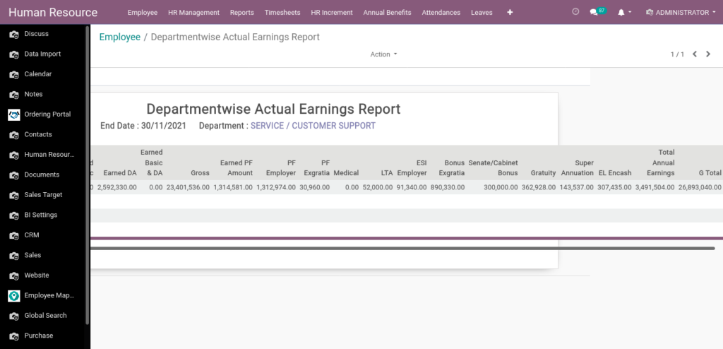 Odoo ERP Payroll report management report Departmentwise Actual Earnings PDF XLS 4