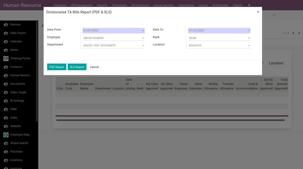 Odoo ERP Payroll report management report Divisionwise TA Bills Report report 1