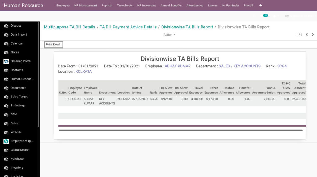 Odoo ERP Payroll report management report Divisionwise TA Bills Report report 2