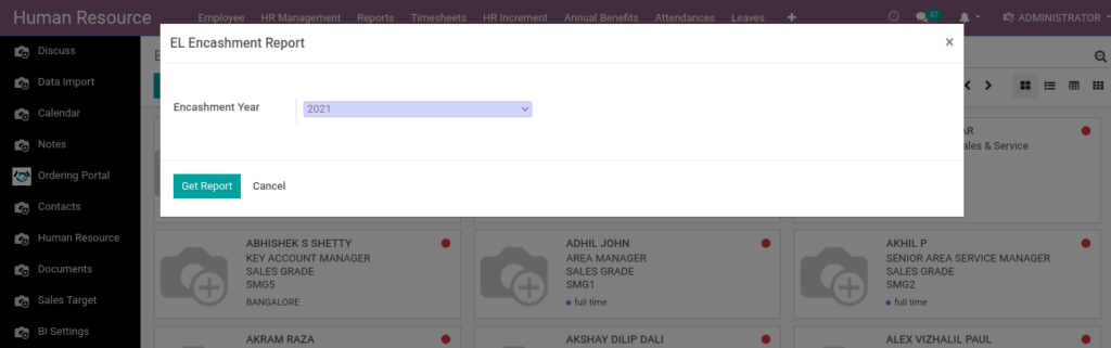 Odoo ERP Payroll report management report EL Encashment Report 1