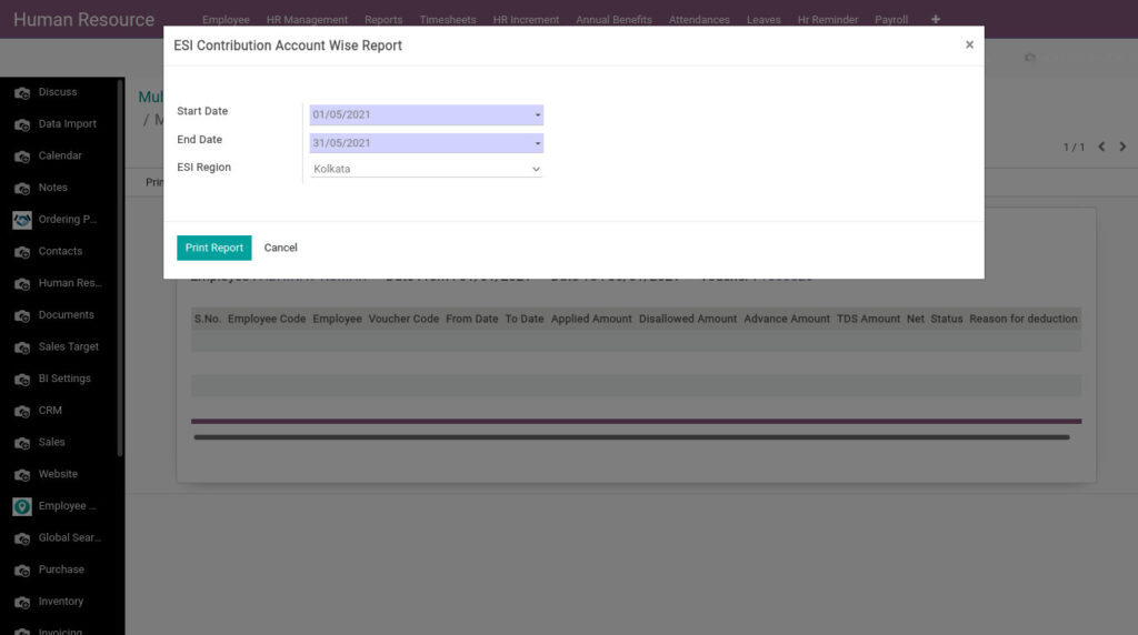 Odoo ERP Payroll report management report ESI Contribution Account Wise Report report 1