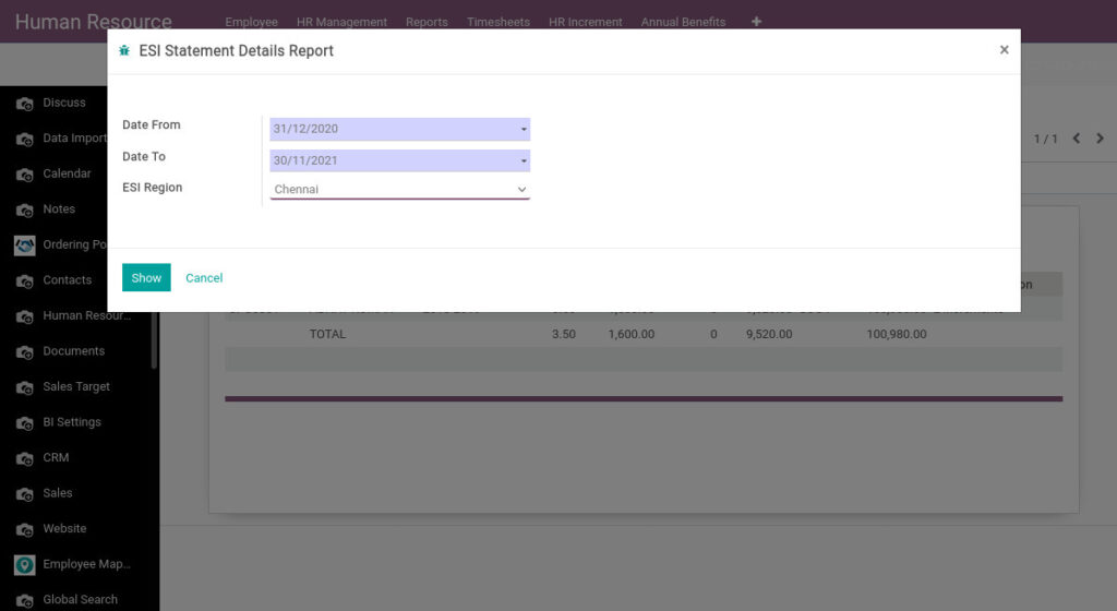 Odoo ERP Payroll report management report ESI statement details report 1