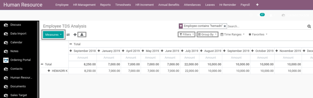 Odoo ERP Payroll report management report Employee TDS Analysis 1