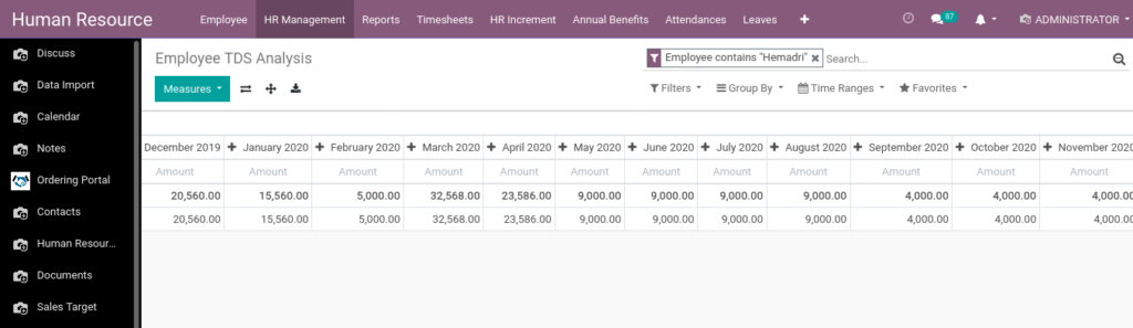 Odoo ERP Payroll report management report Employee TDS Analysis 2