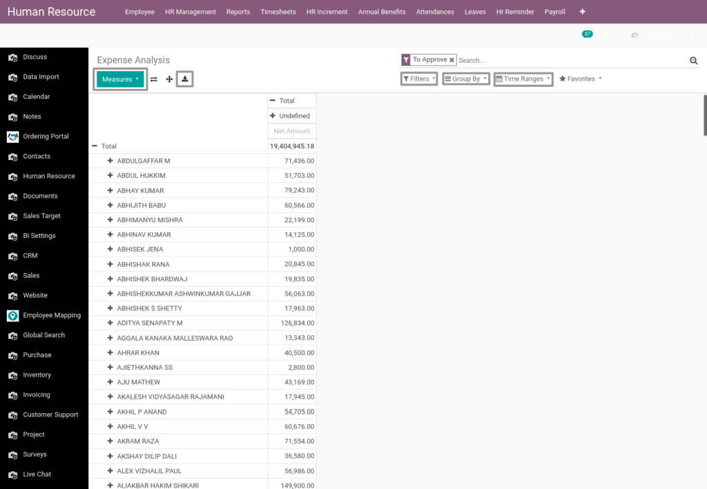 Odoo ERP Payroll report management report Expenceanalysis