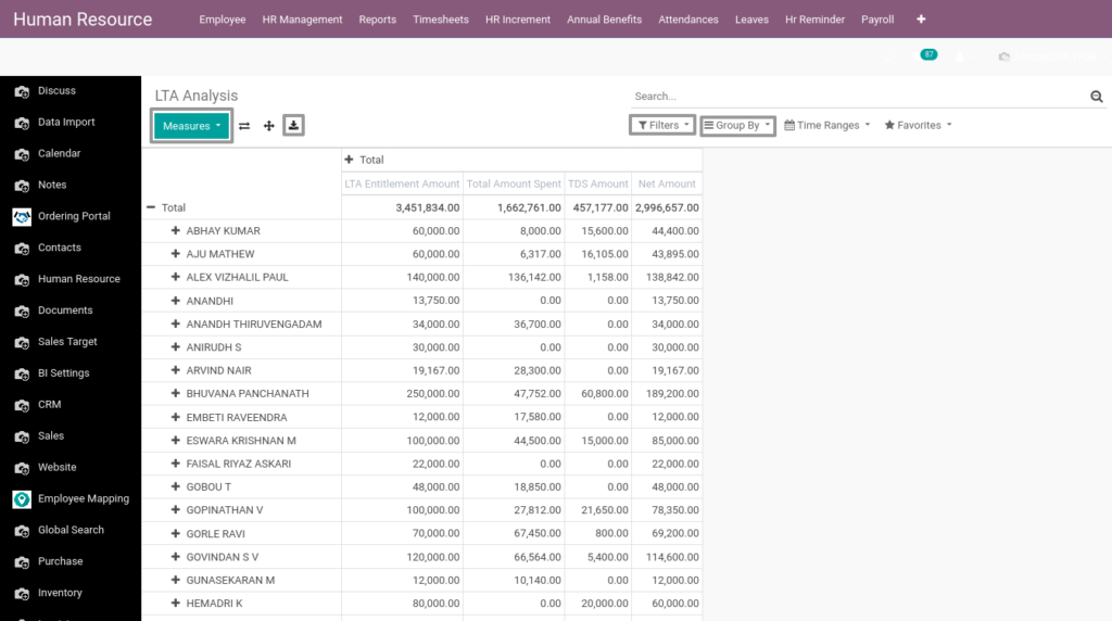 Odoo ERP Payroll report management report LTA Analysis 1