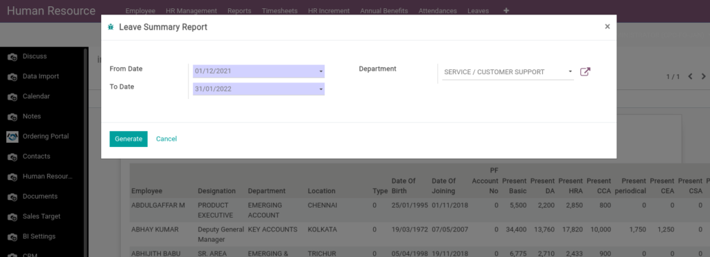 Odoo ERP Payroll report management report Leave Summary report 1