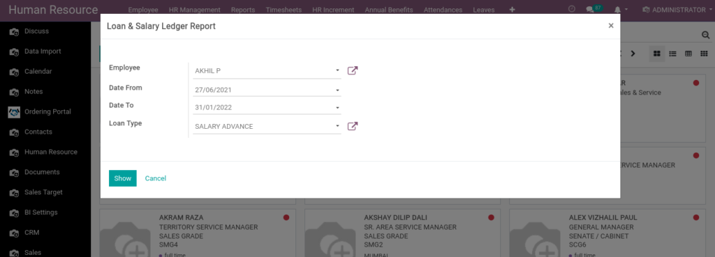 Odoo ERP Payroll report management report Loansalary ledger report 1