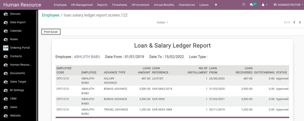 Odoo ERP Payroll report management report Loansalary ledger report 2