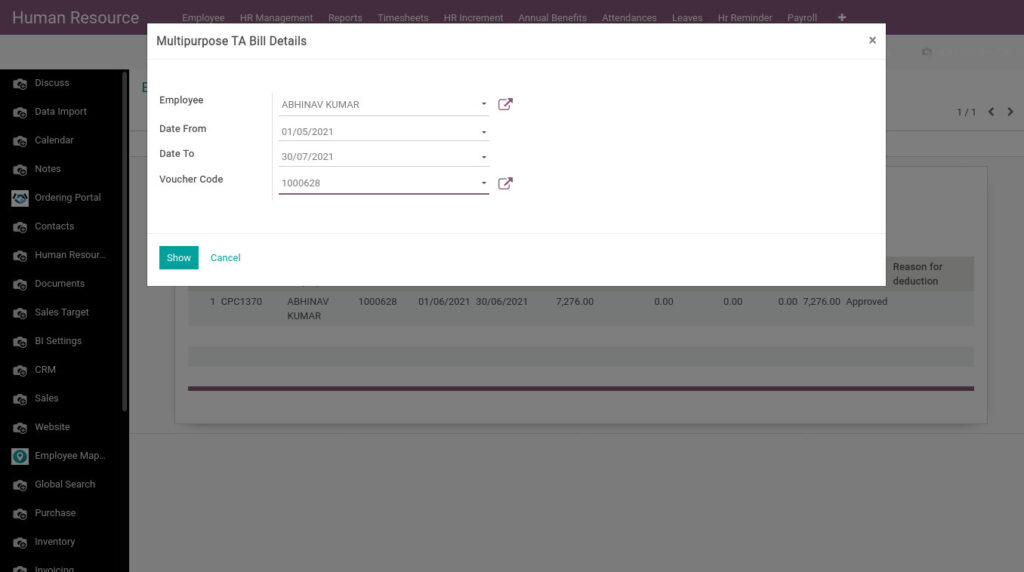 Odoo ERP Payroll report management report Multipurpose TA Bill Details report 1