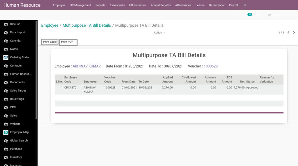 Odoo ERP Payroll report management report Multipurpose TA Bill Details report 2