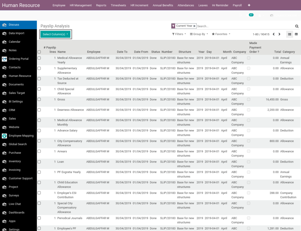 Odoo ERP Payroll report management report Payslip Analysis 2