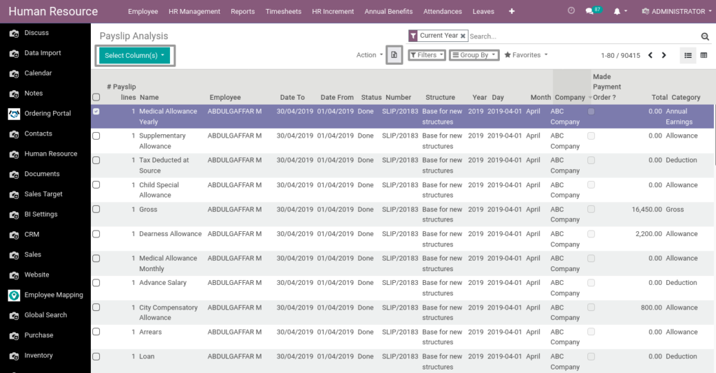 Odoo ERP Payroll report management report Payslip Analysis 3