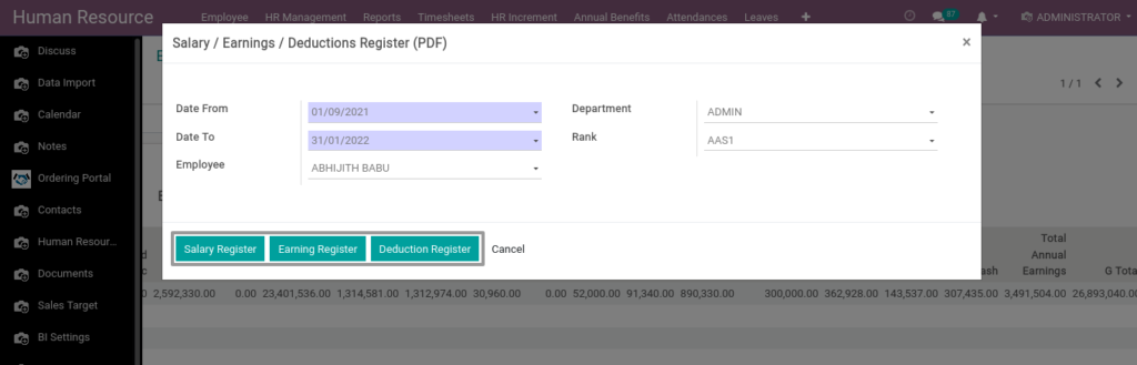 Odoo ERP Payroll report management report Salary Earnings Deductions Register PDF 1