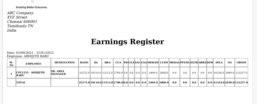 Odoo ERP Payroll report management report Salary Earnings Deductions Register PDF 3