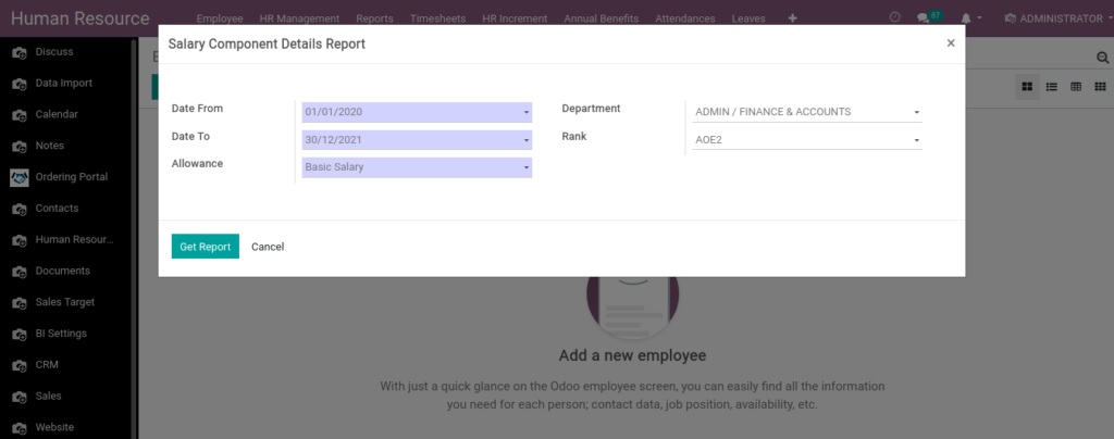 Odoo ERP Payroll report management report Salary component details report 1