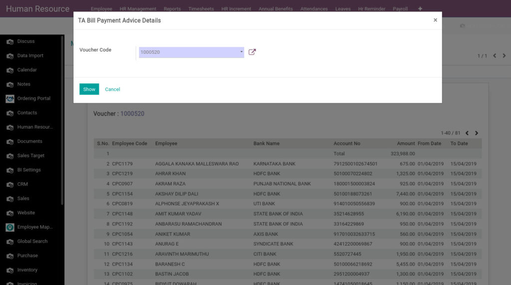 Odoo ERP Payroll report management report TA Bill Payment Advice Details report 1