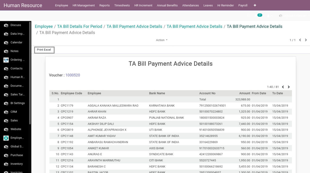 Odoo ERP Payroll report management report TA Bill Payment Advice Details report 2