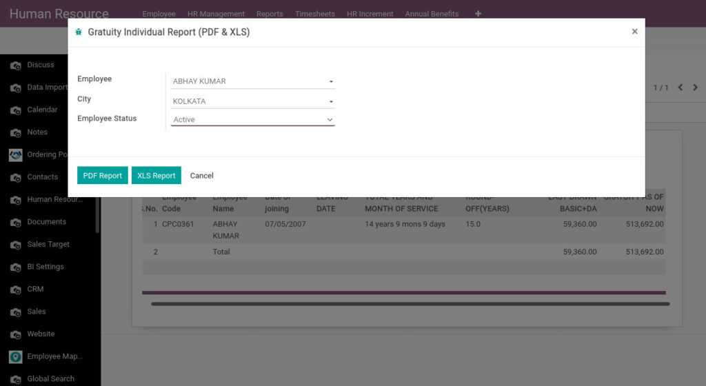 Odoo ERP Payroll report management report gratuity individual report 1