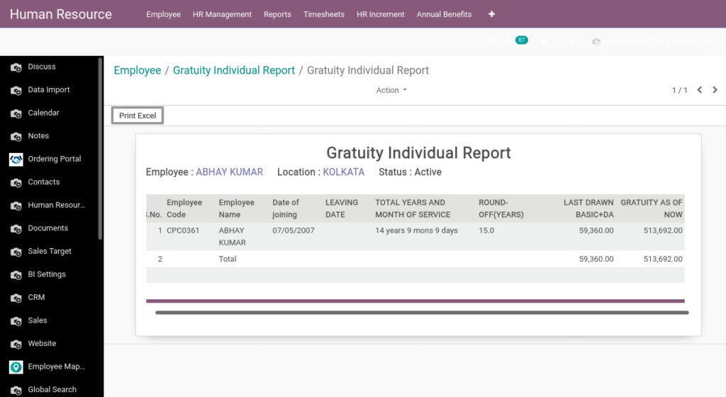 Odoo ERP Payroll report management report gratuity individual report 2