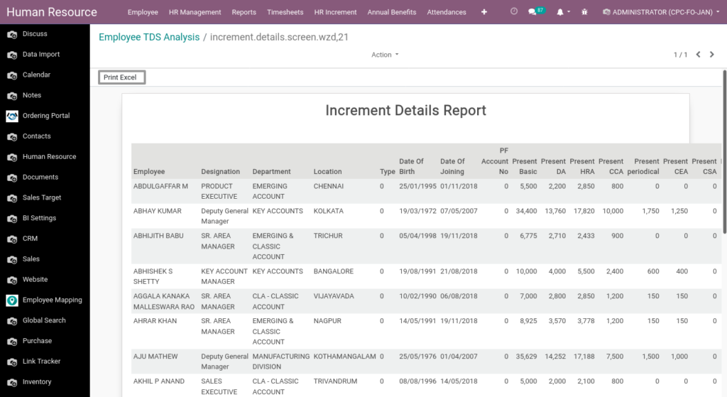 Odoo ERP Payroll report management report increment details report 1