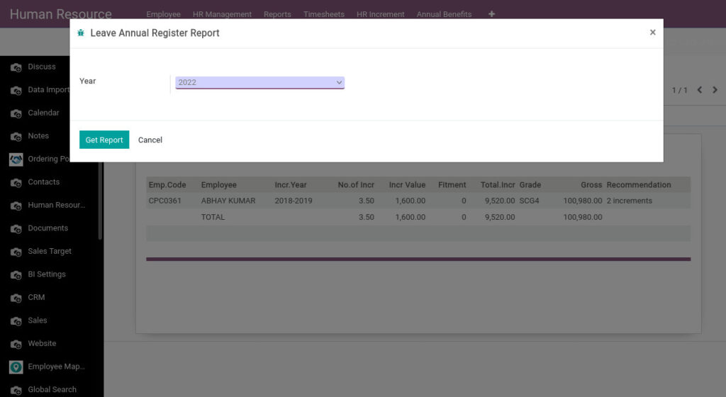 Odoo ERP Payroll report management report leave annual register report 1