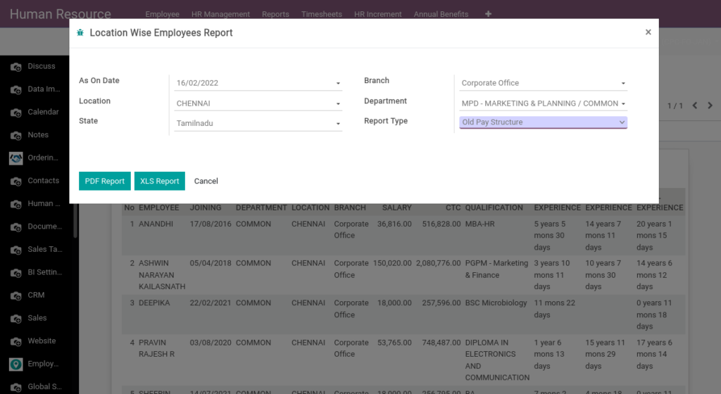 Odoo ERP Payroll report management report locationwise employee report 1
