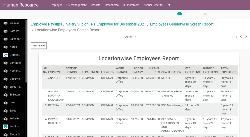 Odoo ERP Payroll report management report locationwise employee report 2