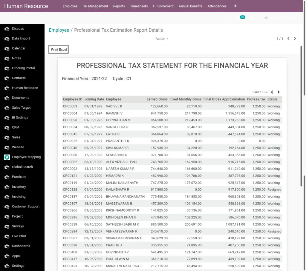 Odoo ERP Payroll report management report professional tax estimation report 2