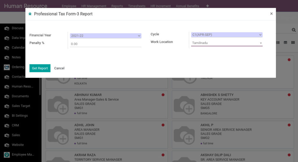 Odoo ERP Payroll report management report professional tax form 3 report 1