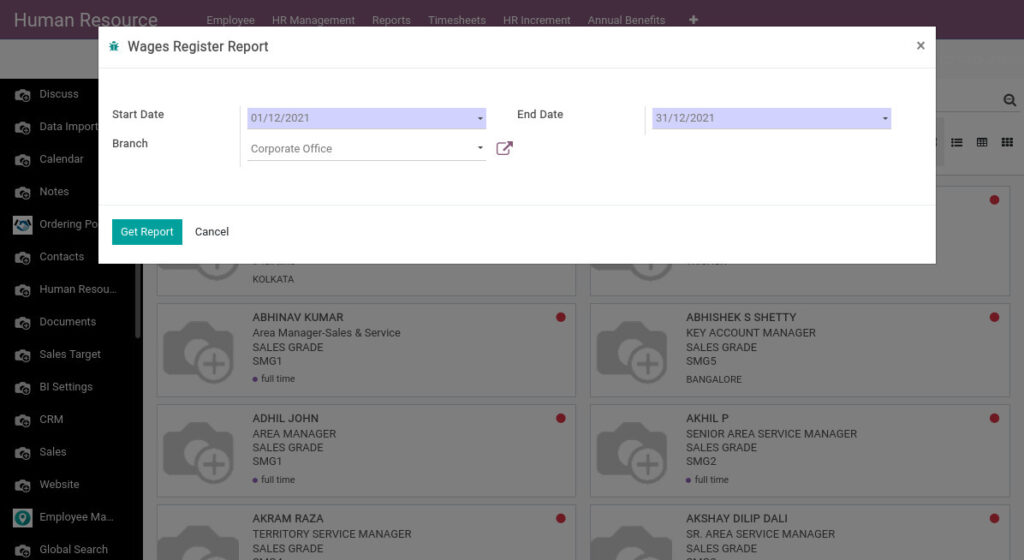 Odoo ERP Payroll report management report wages register report 1