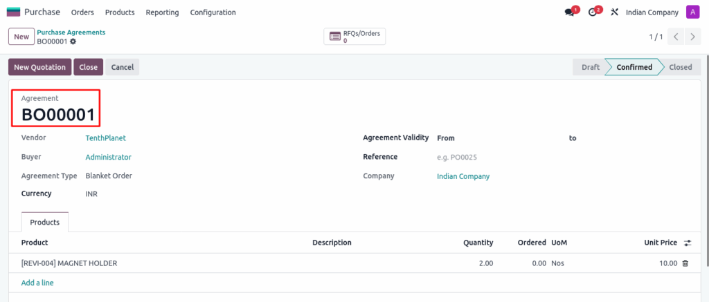Purchase Agreement Blanket Order Screenshot: