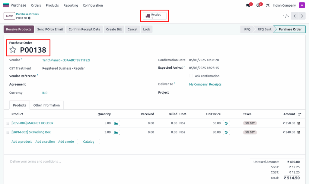 Purchase Order(PO) Screenshot:
