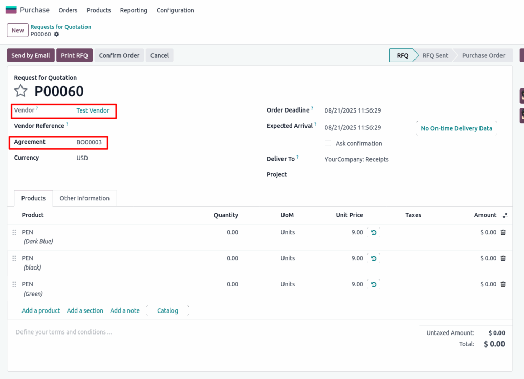 RFQ With Purchase Agreement Process Screenshot