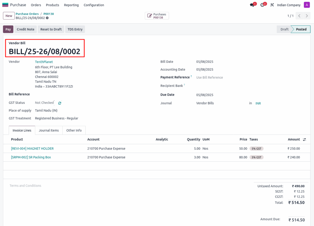Vendor Bills Screenshot:
