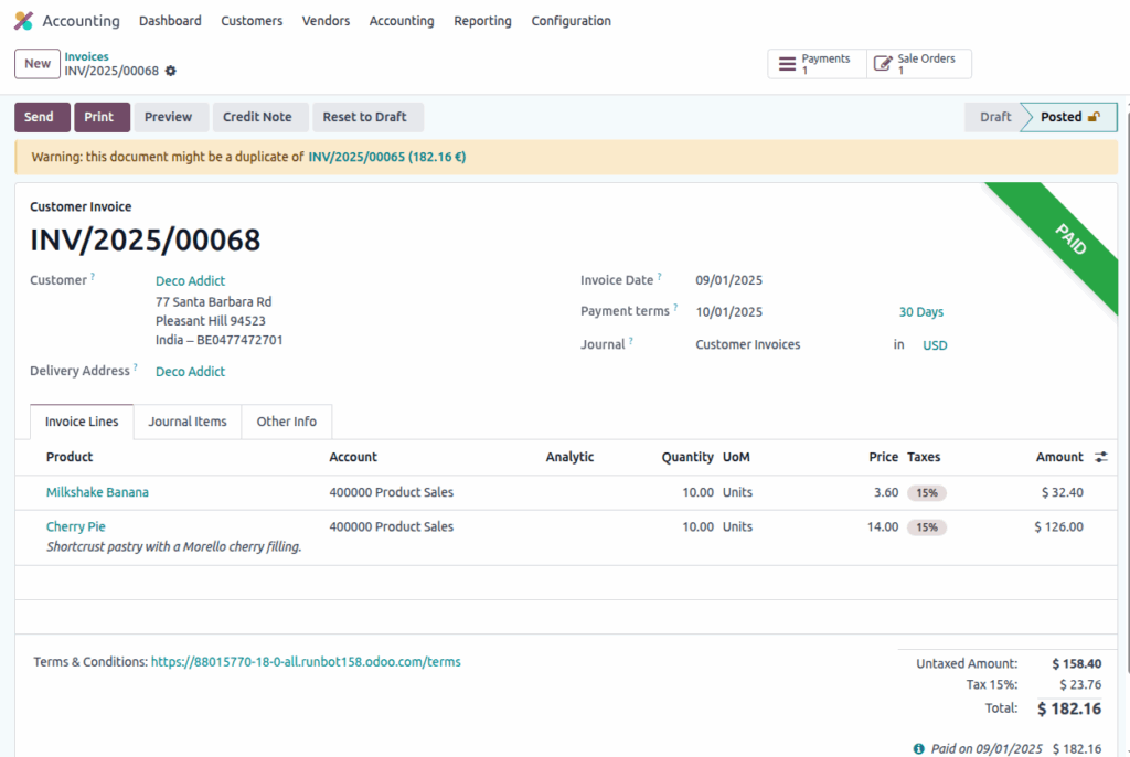 Odoo Accounting customer invoice