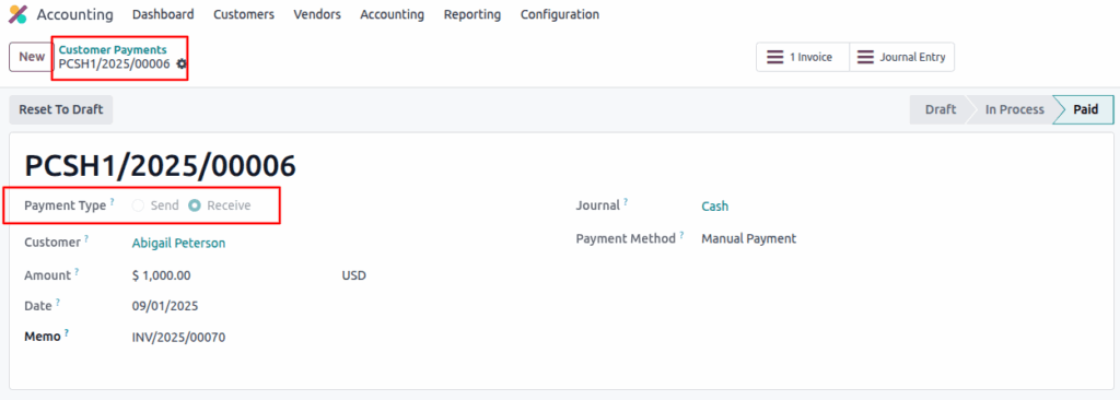 Odoo Accounting customer payment