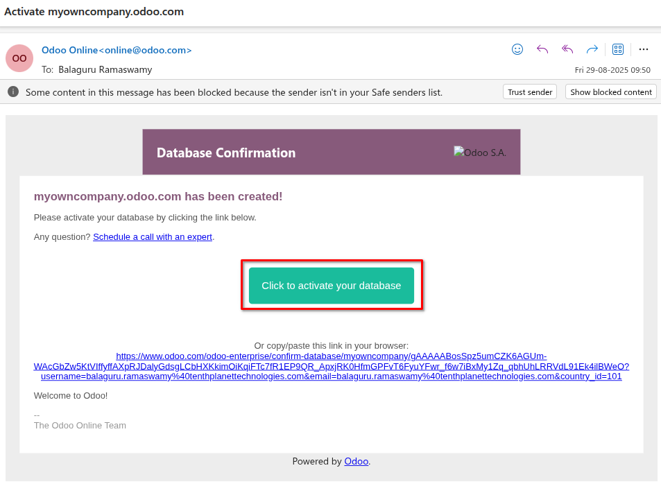 Odoo Activation email link