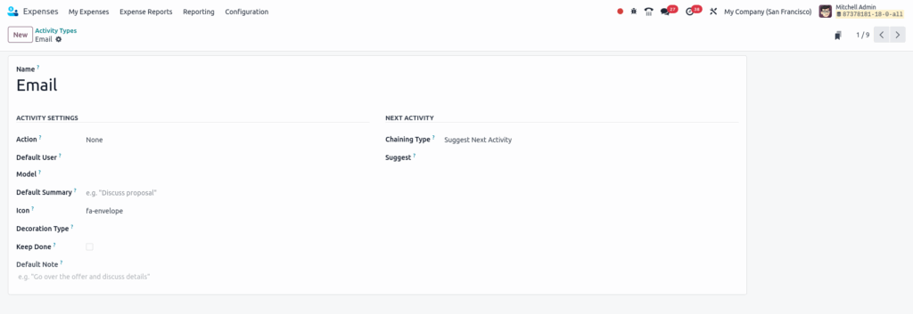Odoo Expenses Activity Types Form View