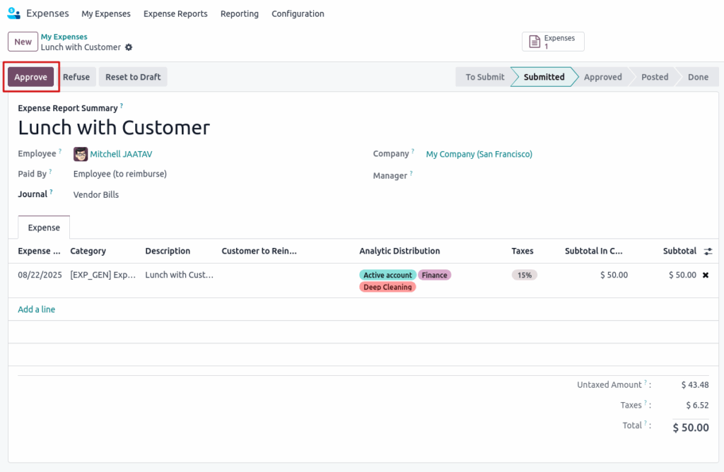 Odoo Expenses Approve Expenses View