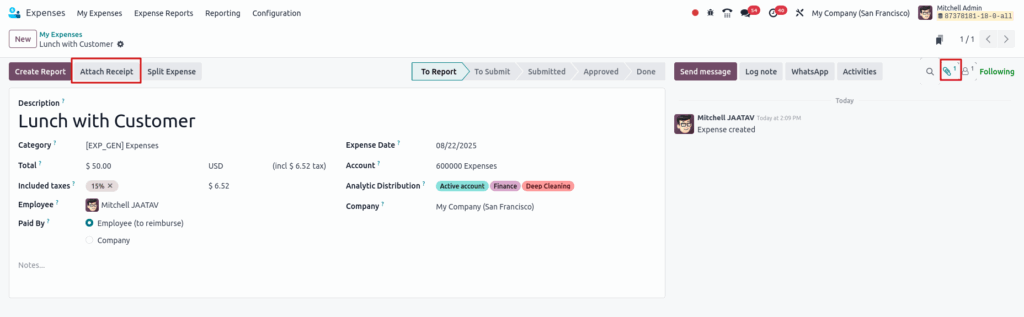 Odoo Expenses Attach Receipts Create Button View