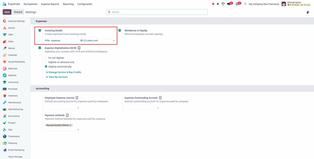 Odoo Expenses Email Expenses Configuration View